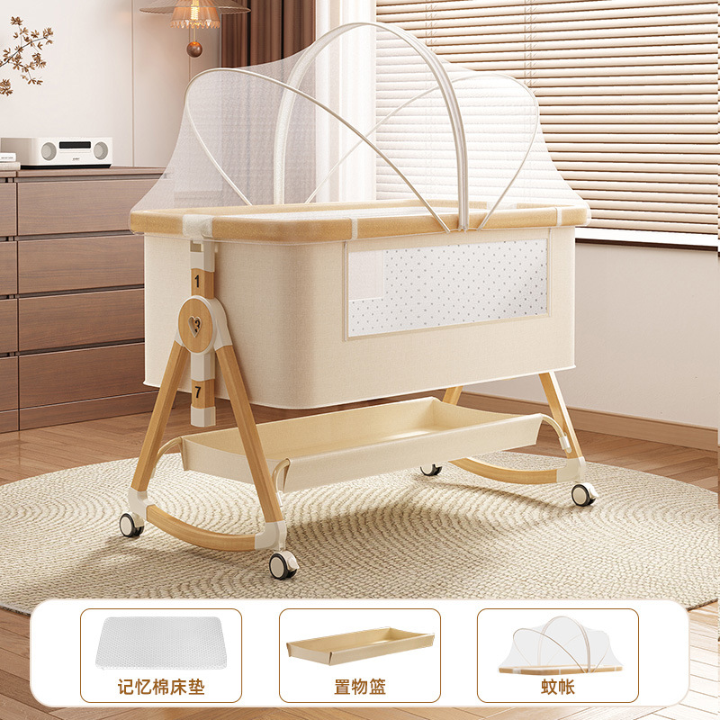 Cama de cuna plegable móvil ajustable de altura, cama de bebé portátil, cama de empalme para bebé multifuncional