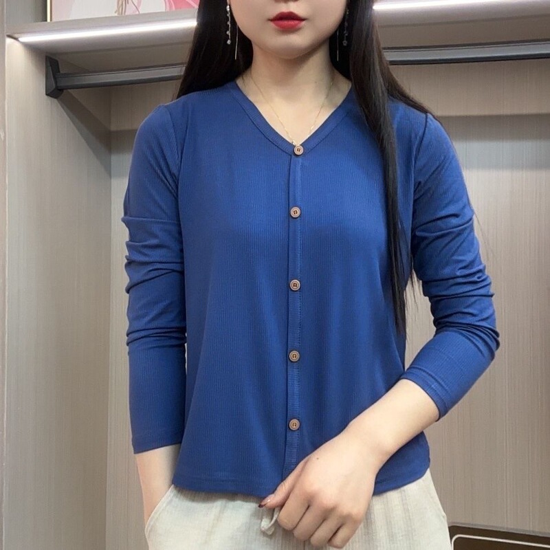 Spring and Autumn New Thin V-Neck Long Sleeve T-Shirt Pure Black Stretch Cotton Early Autumn Top Casual Versatile Slimming Belly Covering Spring and Autumn New Thin V-Neck Long Sleeve T-Shirt Pure Black Stretch Cotton Early Autumn Top Casual Versatile Slimming Belly Covering