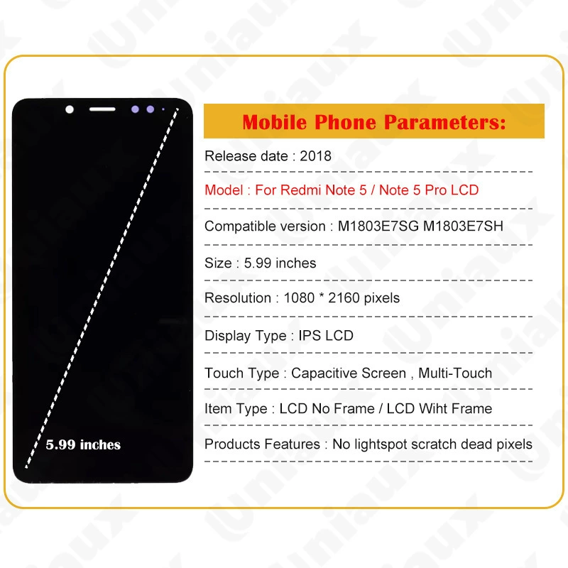 Подходит для экрана Redmi Note5 / 5 Pro, внутренний и внешний корпус рамки дисплея LCD