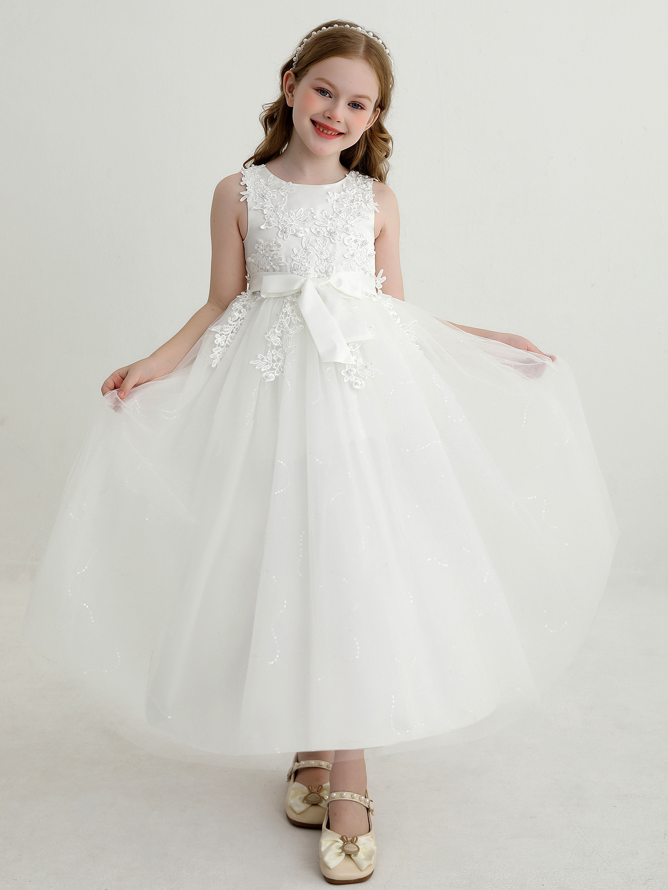 Vestido de princesa de niña transfronteriza vestido de novia sin mangas de encaje de arco vestido de cumpleaños vestido de niños