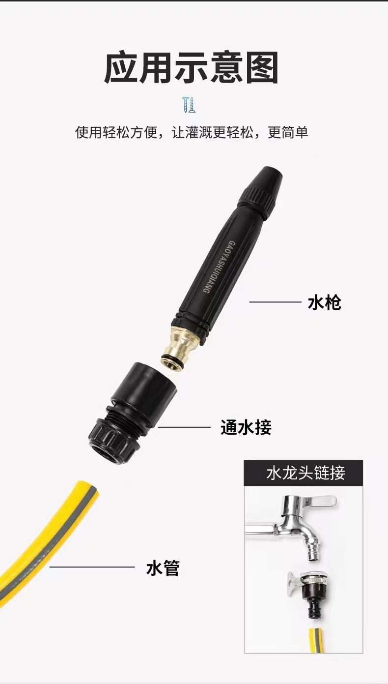 Cross-border foreign trade black diamond high-pressure water gun set with full set of connectors, adjustable pressure, suitable for car washing and garden watering