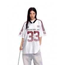 嘻哈美式复古V领拼接字母印花短袖T恤夏季休闲运动透气球男T恤短T