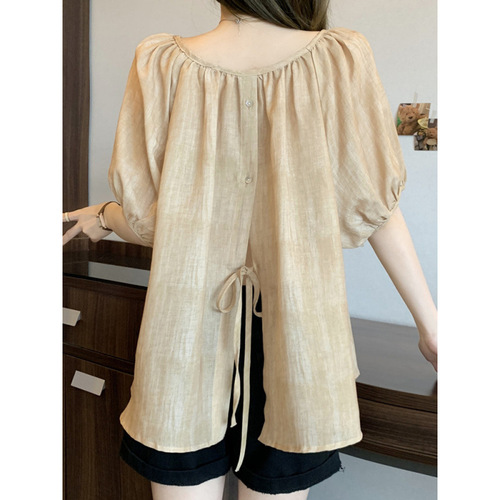 Pink Peter Pan Collar Loose Sweet Women's Summer Plus Size Fat-Slimming Stomach Covering Baby Shirt Unique Top