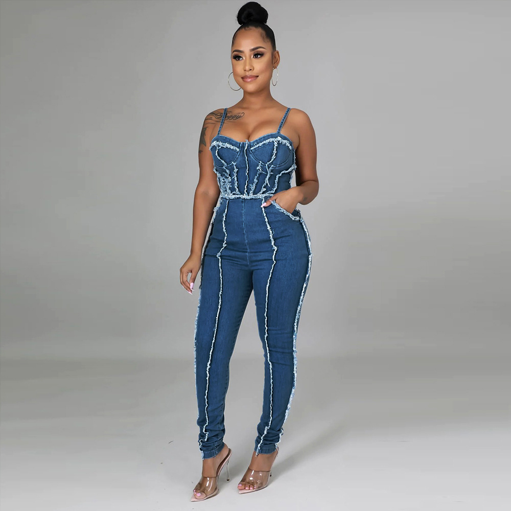 9533JD europeo y americano transfronterizo Amazon popular sexy borla hueco cremallera Correa pecho abrigo Denim mono