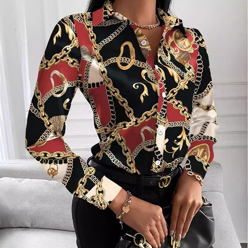 Wish Amazon Autumn Loose Long-Sleeve V-Neck Button Print Shirt Women's