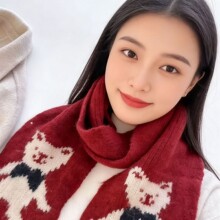 可爱小熊提花红色针织围巾 秋冬保暖百搭毛线 学生情侣款围巾批发