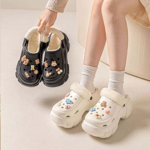 Women's Winter New Fleece-lined Pothole Shoes with Removable Inner Liner, Thick Sole, Heeled Office Slippers for Outdoor Wear