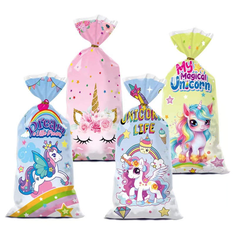 Cross-border arco iris unicornio bolsa de dulces impresión de dibujos animados opp pidiendo bolsa de azúcar bolsa de embalaje de pan de plástico