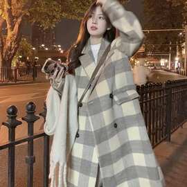 韩版格子毛呢外套女2022新款秋冬季中长款休闲气质赫本风呢子大衣