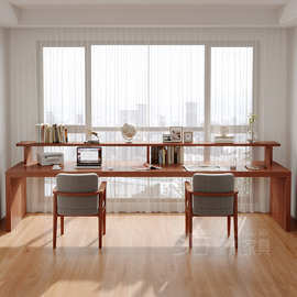 实木双人长书桌家用现代简约原木大学习书桌书架组合办公电脑桌子