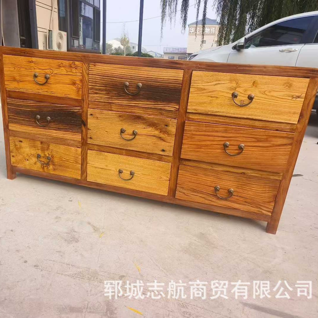 New Chinese Style Old Elm Sideboard Solid Wood Nine-Drawer Cabinet Living Room Storage Wall Storage Cabinet Weathered Elm Sideboard