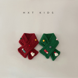 2024 Winter New Children's Red Christmas Scarf Western Style Warm Cross Neck Baby's New Year Neck Set Fashion