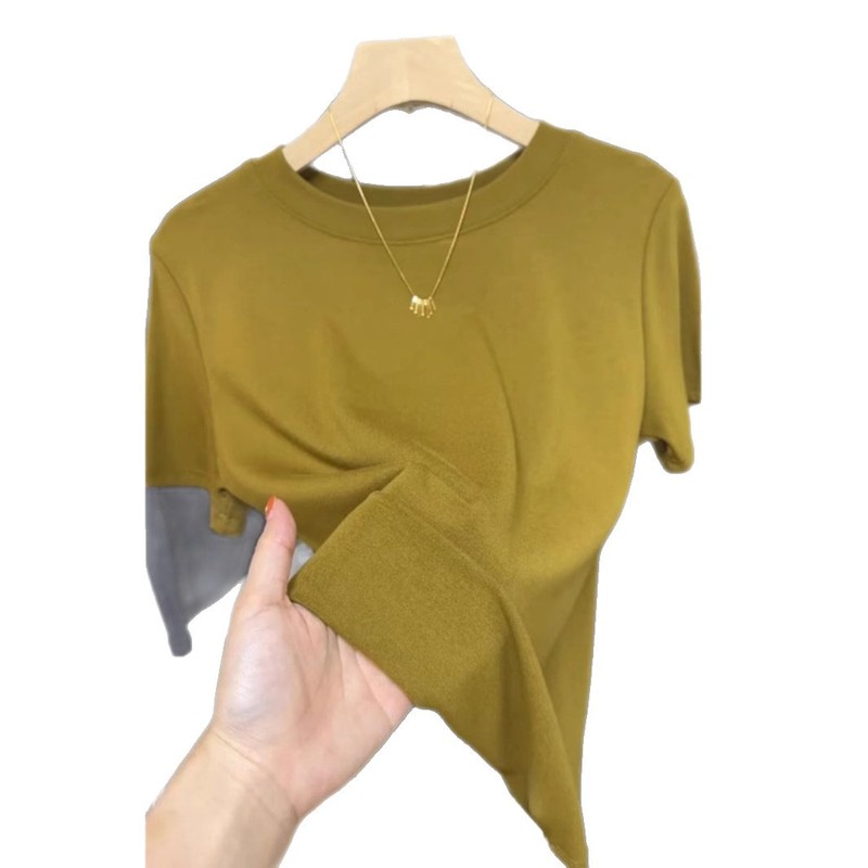 ソリッドカラー半袖右肩ラウンドネックTシャツ女性用2025夏新作スリムフィットモーダル薄底トップ|undefined