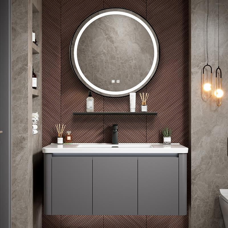 Moderno simple espacio de aluminio gabinete de baño combinación de baño redondeado lavabo de cerámica integrado lavabo mesa de lavado