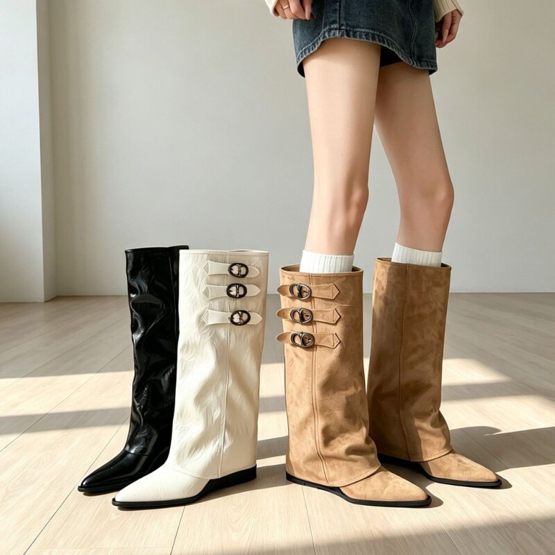 Retro pointed-toe height-increasing women's riding boots with belt buckle, over-the-knee long boots, 2026 autumn and winter stylish wedge heel pant boots Retro pointed-toe height-increasing women's riding boots with belt buckle, over-the-knee long boots, 2026 autumn and winter stylish wedge heel pant boots