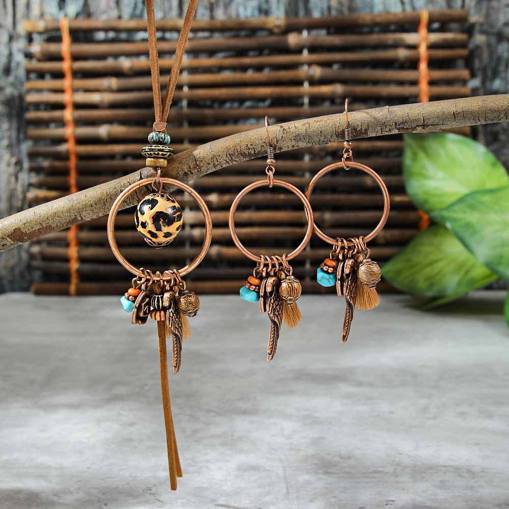 Bohemia Dream Catcher borla pendientes collar de madera estilo étnico largo borla colgante accesorios suéter cadena