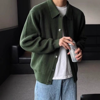 ins潮流简约针织衫开衫外套男士春秋翻领宽松百搭慵懒风休闲毛衫