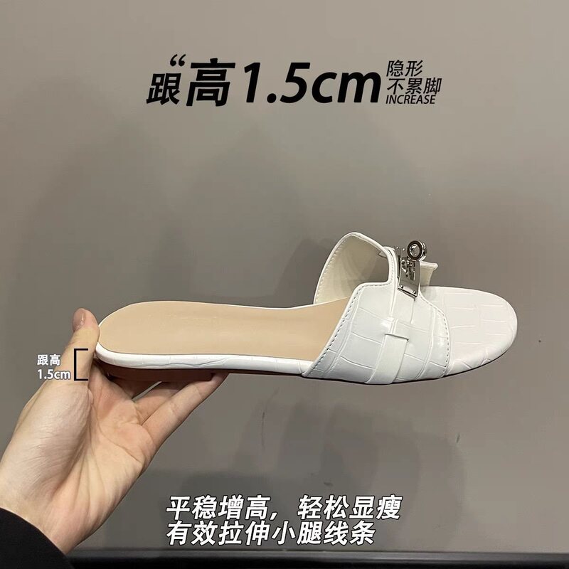 Sheepskin Version ~1.5 High French-Style Slippers for Women, Summer Outdoor Wear, Lightweight Versatile Flat Genuine Leather Sandals, Slip-On Style, Light Luxury