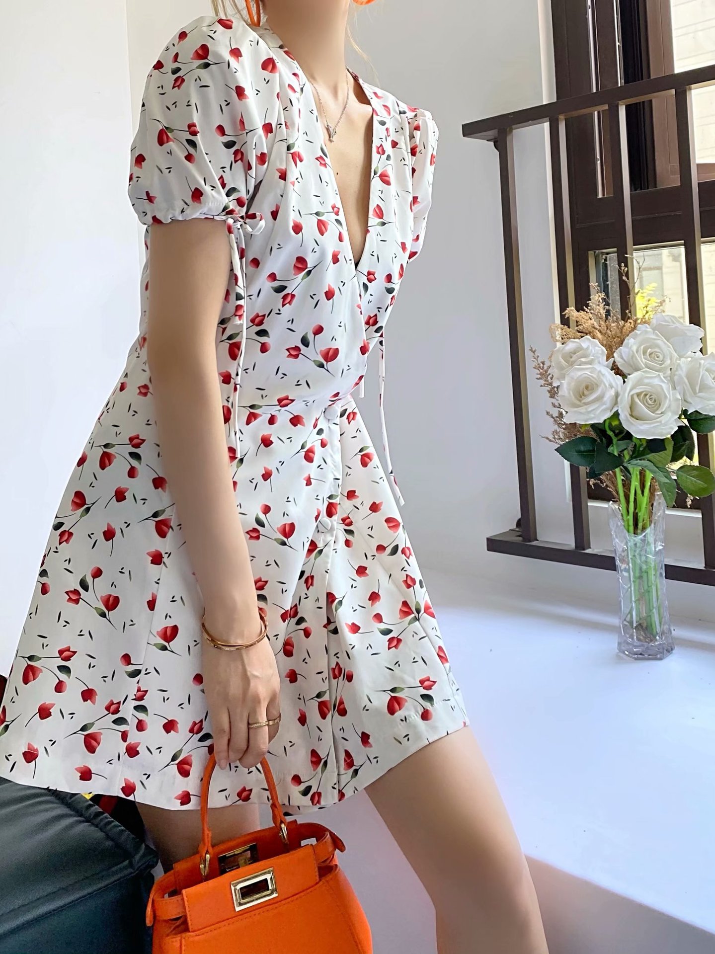 small floral bellflower V-neck A-line thin puff sleeve dress Nihaostyles wholesale clothing vendor NSAM74098