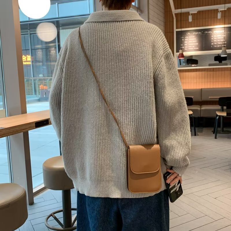 Semia cremallera suéter de polo masculino primavera japonés relajado retro alta sensación de tendencia suelta camiseta de punto