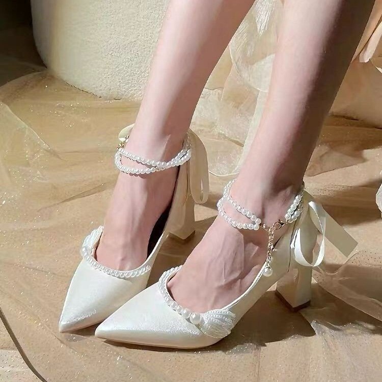 Princess-style exquisite pearl strap elegant high-heeled shoes, bridal wedding shoes, 18-year-old coming-of-age ceremony Mary Jane shoes Princess-style exquisite pearl strap elegant high-heeled shoes, bridal wedding shoes, 18-year-old coming-of-age ceremony Mary Jane shoes