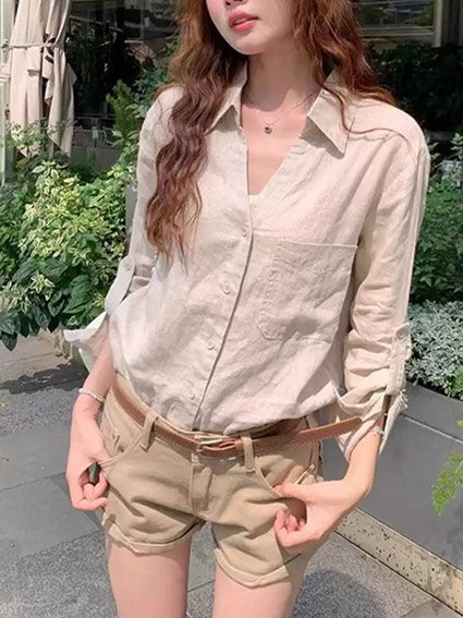 原麻色亚麻老钱风衬衫女秋夏薄款松弛设计感V领棉麻衬衣防晒上衣|undefined