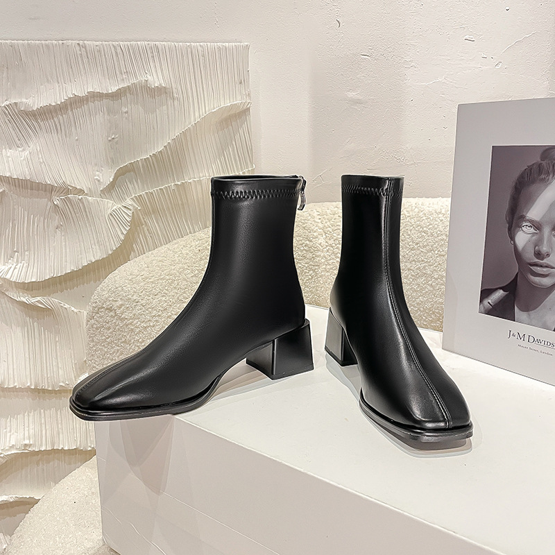 Courtes en cuir véritable pour femmes, nouvelle botte française haute et fine, tête carrée épaisse, printemps et automne 2024_voghion.com