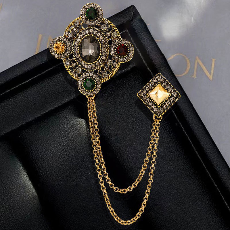 British court style gem inlaid chain brooch vintage rhinestone baroque temperament pin suit collar pin accessories