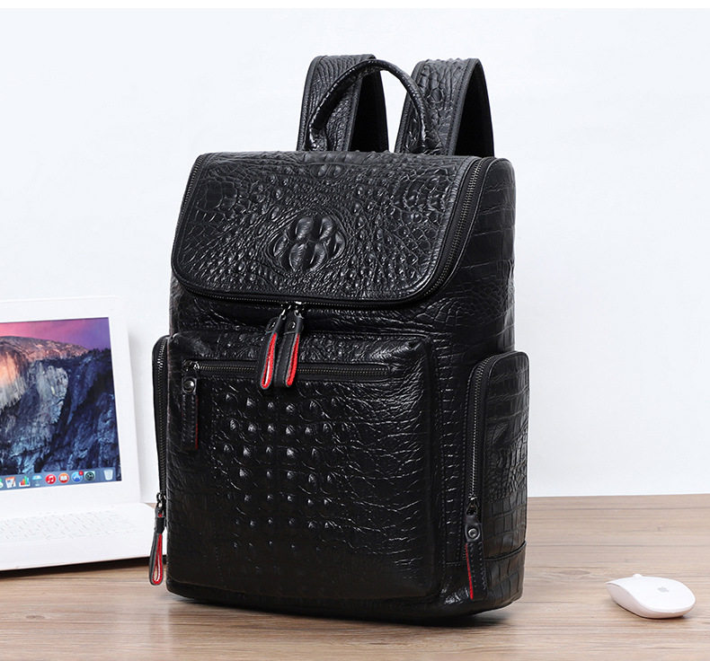 Ba lô da bò thật họa tiết vân cá sấu, ngăn laptop 15.6 inch, 30x11x40 cm — Biển kéo kim loại vân cá sấu, Vân cá sấu màu đen chi tiết 3