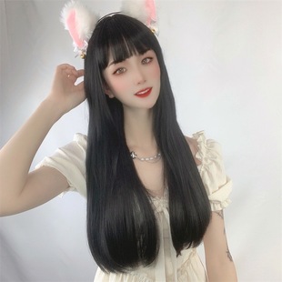 Factory wholesale wig women's Japanese cartoon bangs black long straight hair high temperature silk full head cover in stock a generation of hair