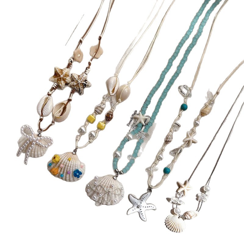 Cuerda de cera estrella de mar concha colgante de perlas collar vacaciones de verano estilo cadena de clavícula cadena de suéter de moda fresca y dulce mujer