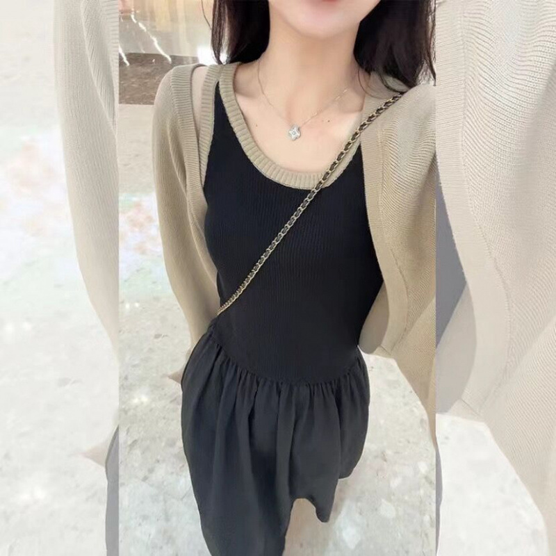 早秋时尚穿搭套装女高级感遮肉显瘦针织拼接吊带开衫两件套|undefined