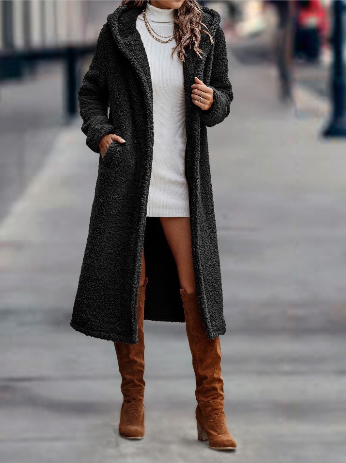 Women's Plush Hooded Windbreaker Coat Long Overcoat For Women_voghion.com