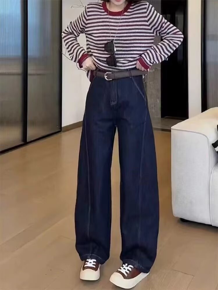 南岛风大码女装秋季宽松阔腿牛仔裤胖mm遮肚子遮胯宽拖地直筒裤子