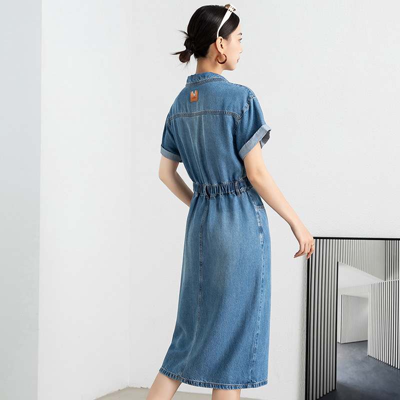 Váy denim nữ cổ polo tay ngắn cúc đơn dáng midi mùa hè — Màu xanh lam