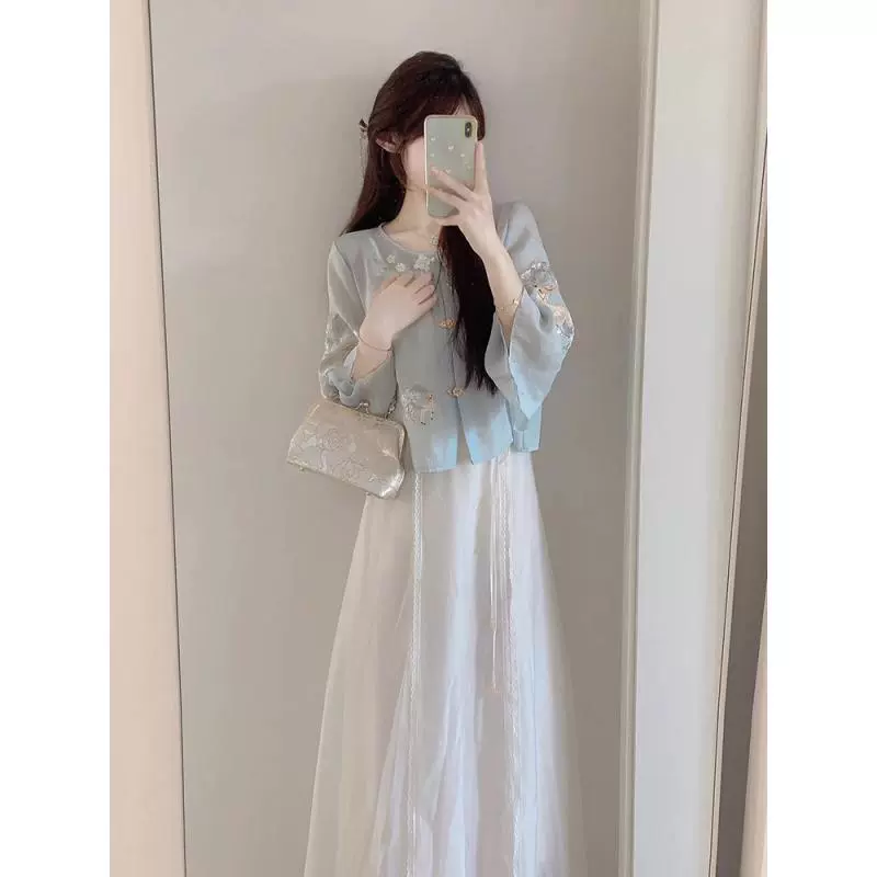 Hanfu set for adults, Chinese style - blue skirt design, sizes S–XL (waist 85–130 cm)