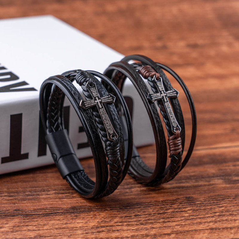 Cross-Border Hot-Selling European and American Cross Leather Bracelet Men's Jewelry Wholesale Hand-Woven Leather Rope Magnetic Buckle Bracelet Cross-Border Hot-Selling European and American Cross Leather Bracelet Men's Jewelry Wholesale Hand-Woven Leather Rope Magnetic Buckle Bracelet