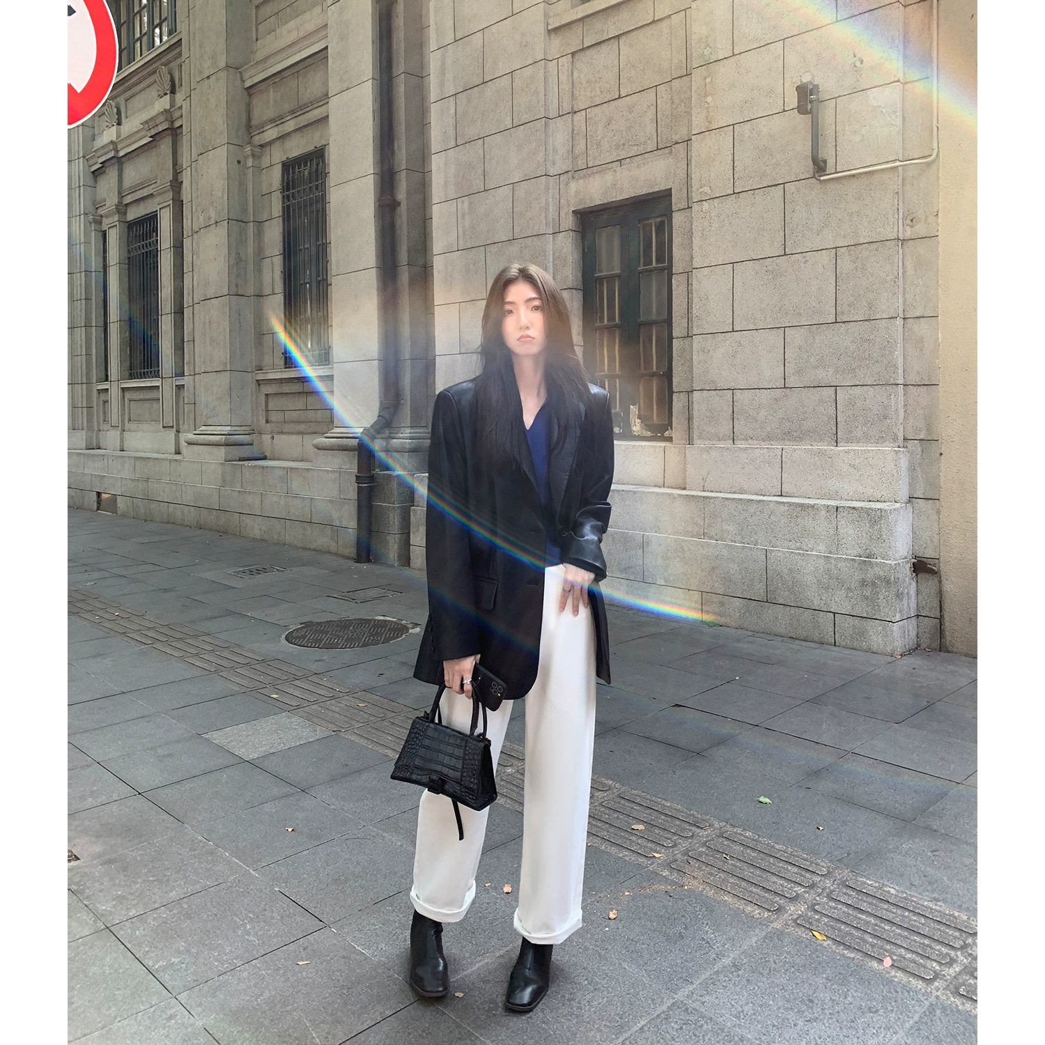 Black polyurethane autumn small classic suit jacket, oversize, bright catchy style