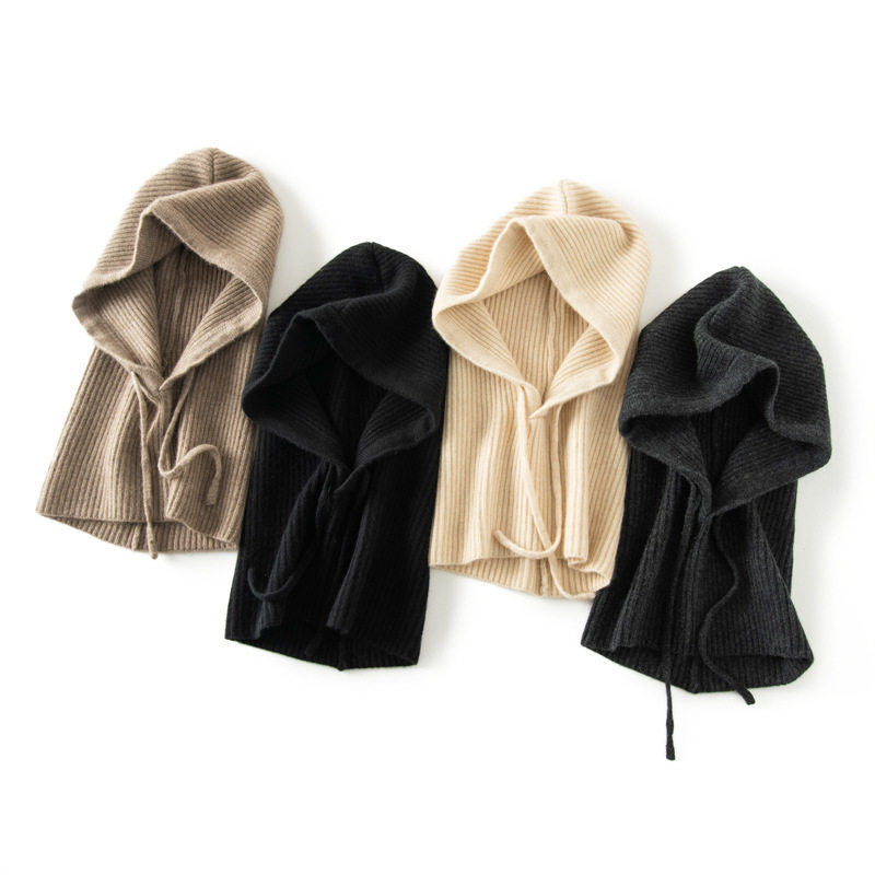 Mũ len cashmere kèm khăn quàng cổ liền khối nữ dệt kim giữ ấm tai mùa thu đông — Màu cà phê hoa, Màu cà phê đỏ, Màu xanh hải quân, Rượu vang đỏ