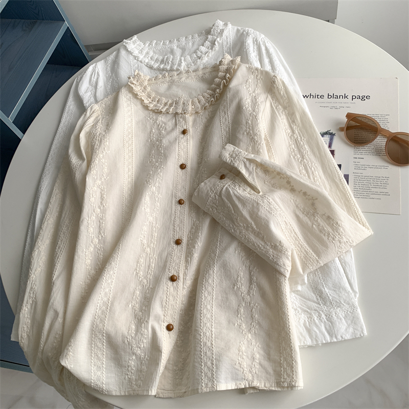 Japanese Style Artistic Style Lace Button Long Sleeve Shirt Embroidered Cotton French Style Retro Fresh Style Shirt for Women