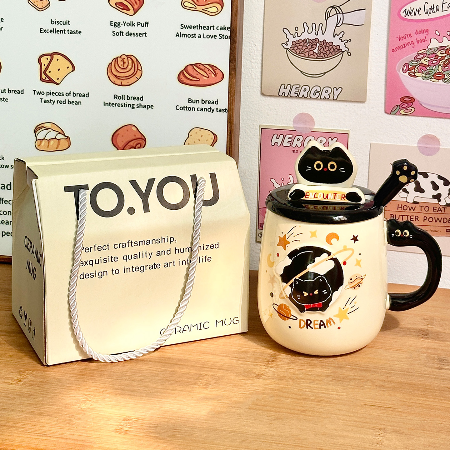Cute gato cerámica taza con cubierta taza de cuchara de taza de agua de alto valor para niñas taza de regalo de cumpleaños casera taza de pareja