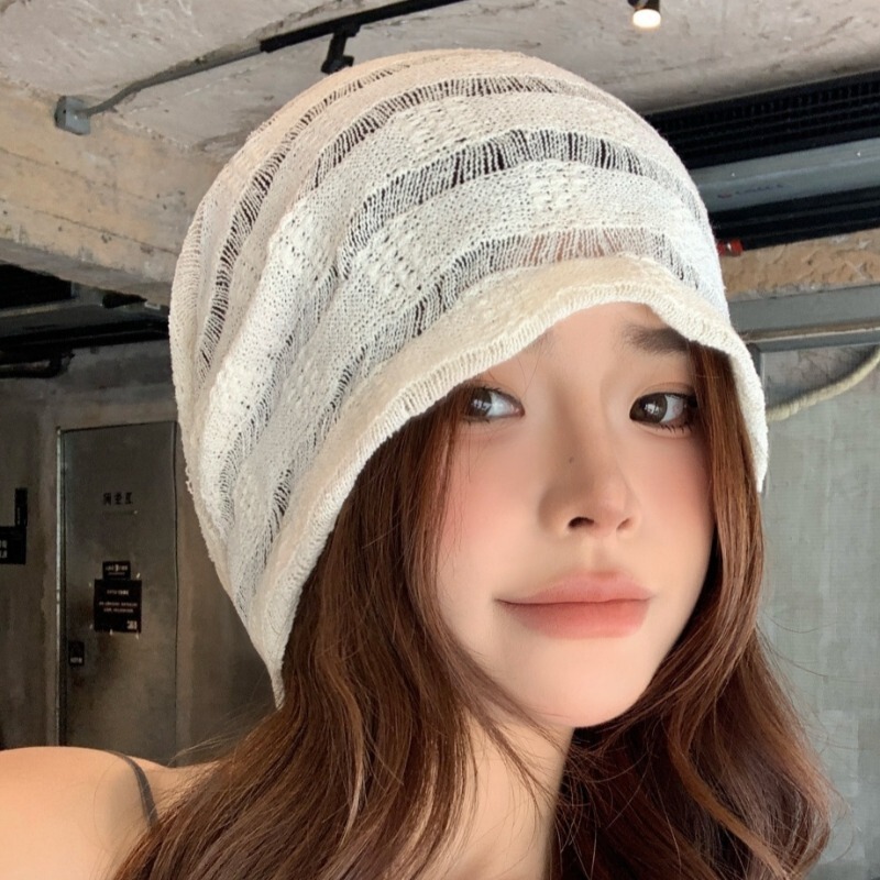 Japanese-Style Knitted Hollow-Out Slouchy Beanie for Women, Summer Thin Breathable Cold Hat, Large Head Circumference, Face-Slimming Turban Hat