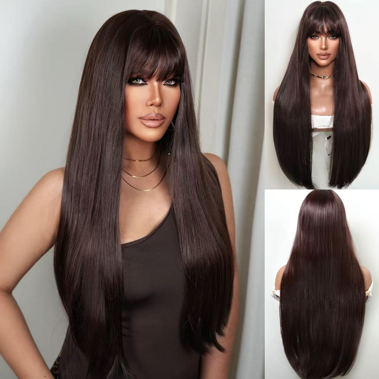 Japón y Corea del Sur explotaron el aire dorado claro cabello largo recto y peluca de frange natural realista fibra química cubierta de cabeza completa
