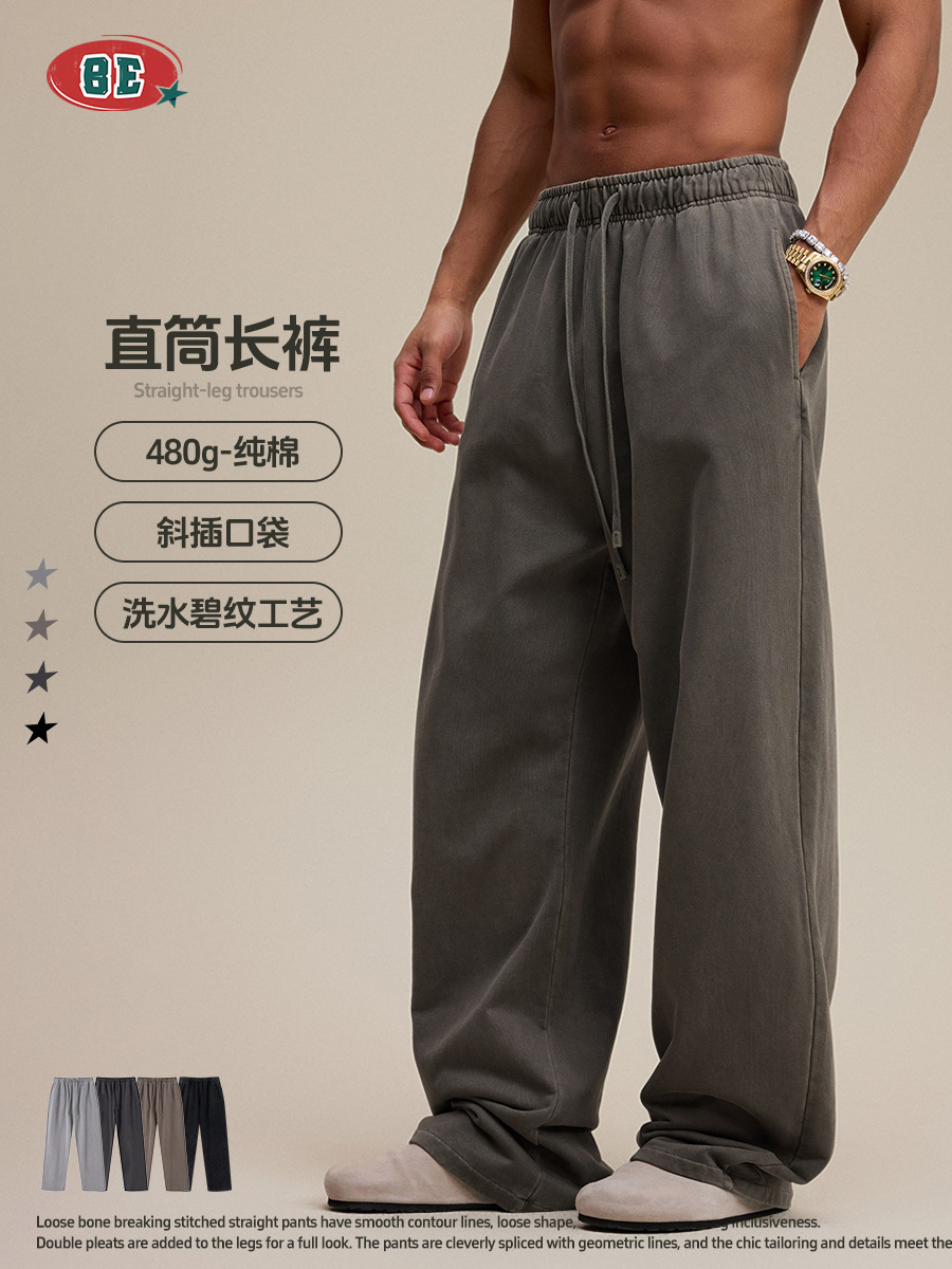 Ropa para Hombre BE | Pantalones de Pierna Recta de Algodón Puro de 480G, Estilo Americano, Tendencia Otoño 2025, Pantalones Casuales Holgados para Hombre