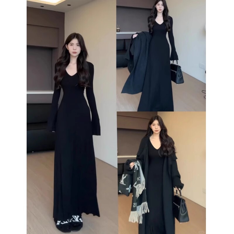 秋季长袖连衣裙女v领长款针织裙子高级轻熟御姐穿搭收腰修身长裙|undefined