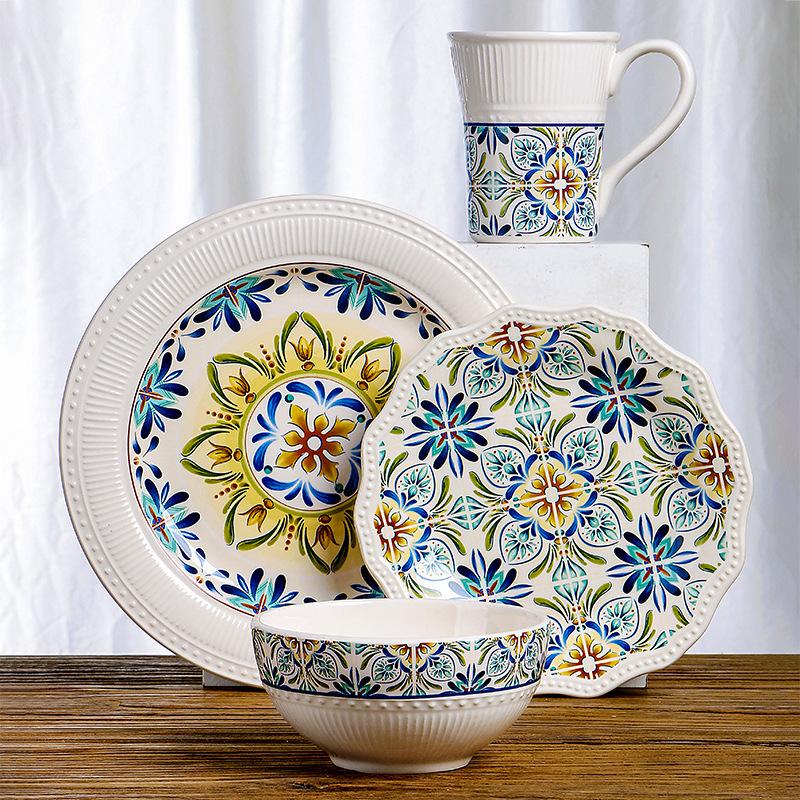 Mediterranean Ceramic Plate Household Art Relief Western Pasta Plate Underglaze Color Round Flat Plate Combination Mediterranean Ceramic Plate Household Art Relief Western Pasta Plate Underglaze Color Round Flat Plate Combination