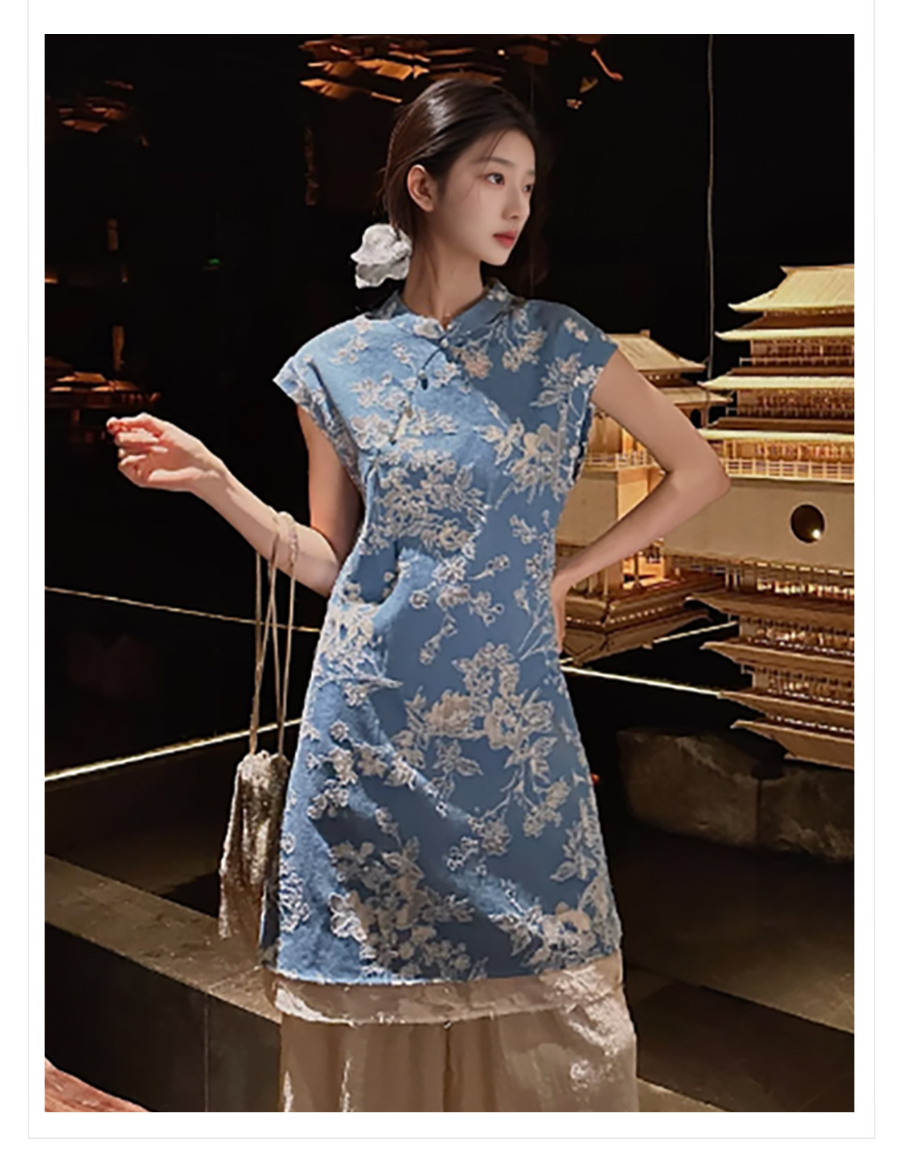 Áo sơ mi phong cách Trung Hoa cổ điển mùa hè, thêu hoa cháy nhẹ nhàng, kiểu ZX N4076 — Màu xanh nhạt [mẫu ngắn], Màu xanh nhạt [kiểu dài] chi tiết 3
