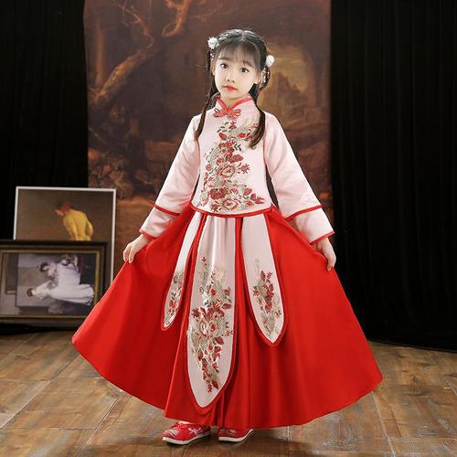  Green flowers Hanfu girls new winter Chinese style Princess costume two-piece outfit children take long female baby Tang Suit Qipao happy New Year
