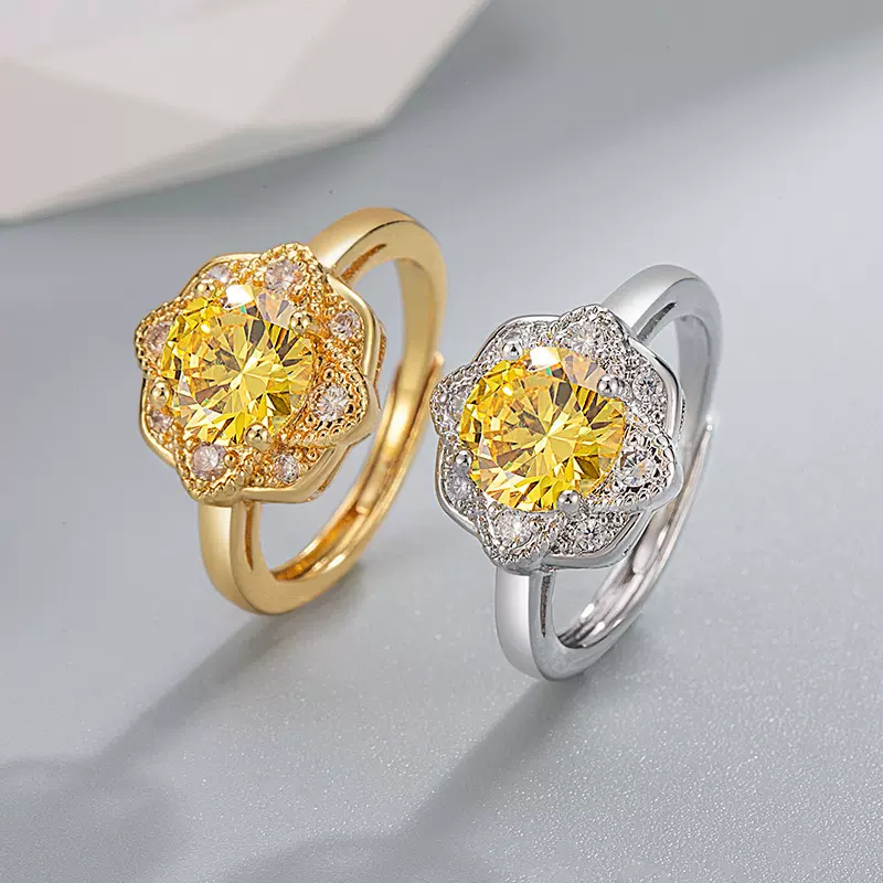 新款彩宝戒指合集 铜镀金小众几何设计微镶仿莫桑高碳锆指环冰花