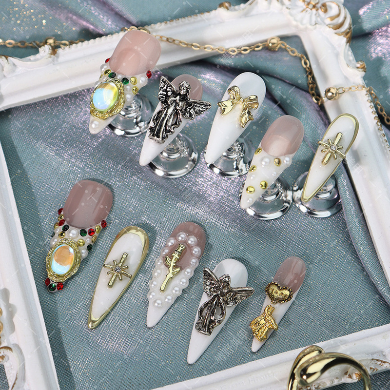 Handmade Wearable Nail Patches, European and American Palace Style, Luxurious Retro Style, Angelic Colored Diamond Wearable Nails, White Long Pointed Handmade Wearable Nail Patches, European and American Palace Style, Luxurious Retro Style, Angelic Colored Diamond Wearable Nails, White Long Pointed